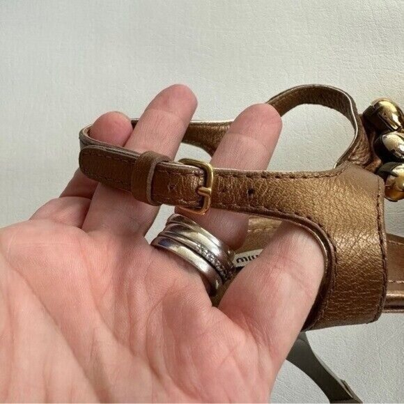 Miu Miu T-Strap Heels Bronze Metallic Jeweled Sandals 41 US 11 Sling Back Party - Picture 8 of 11